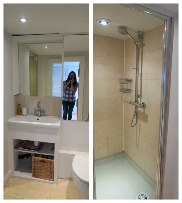 Side-by-side images show a bathroom at Pump Cottage: left, a washbasin with a mirror above it and a person taking a photo; right, a tiled shower with showerhead and metal rack.