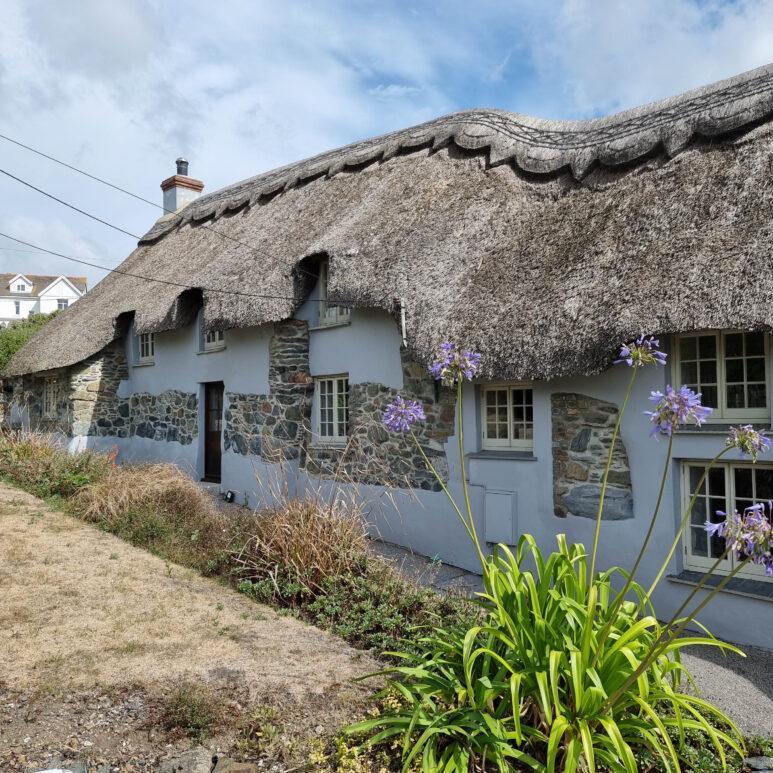 A traditional stone cottage with a thatched roof, small windows, and flowering plants in front, set on a slightly sloping grassy area under a partly cloudy sky.