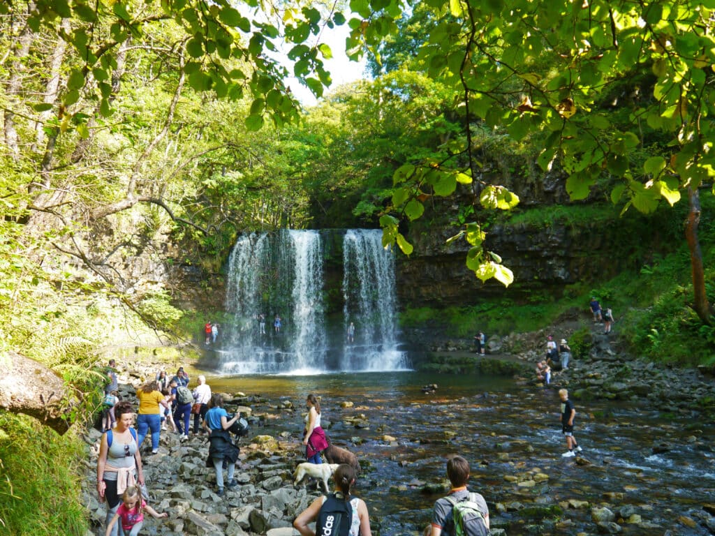 A group of people and dogs enjoy a sunny day by a wide, scenic waterfall in a lush, green forest. Some stand on rocks in the shallow water, whilst others take photos or relax near the falls.