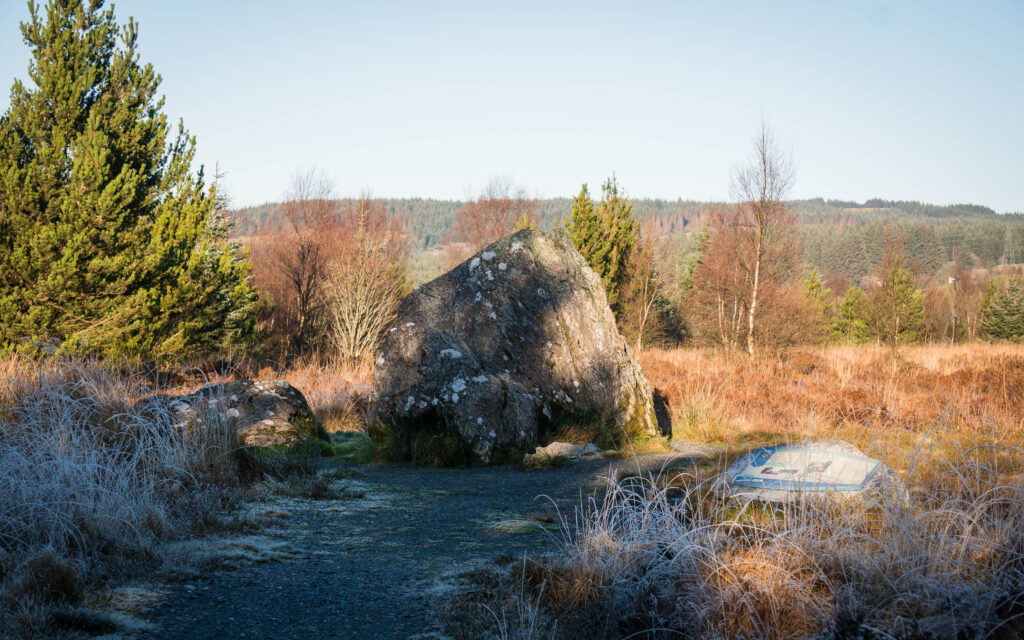 A large, mossy boulder stands on a frost-covered path surrounded by grass and trees under a clear sky; a stone information plaque lies to the right of the boulder.
