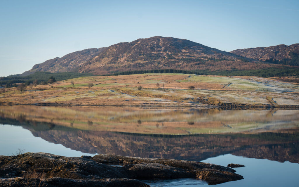 A calm lake reflects a hilly landscape with brown grass and scattered trees under a clear blue sky. Rocky shores are visible in the foreground.