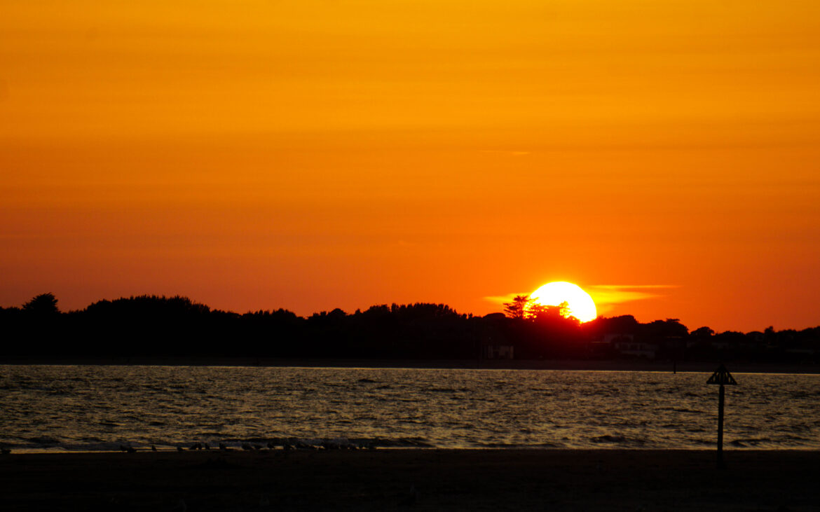 A vivid orange sunset descends behind dark treetops across a calm body of water—a scene often embraced by mental health retreats to foster tranquillity and reflection, casting a warm glow and creating peaceful silhouettes along the horizon.